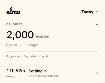 Elmo's Today screen during a fast: 11 hours 52 minutes fasting, 4 hours 7 minutes to a 16 hour goal