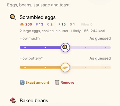 Elmo's edit screen for scrambled eggs: 200 kcal, likely 156–244 kcal, with How much and How buttery sliders