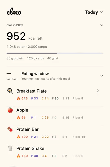 Elmo's Today screen: 952 kcal left of a 2,000 target, an eating window, and four logged foods