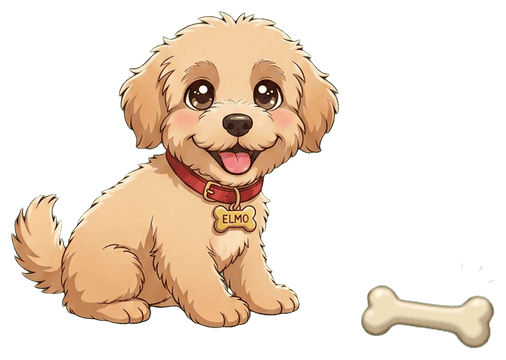 Elmo the puppy, happy, beside a bone